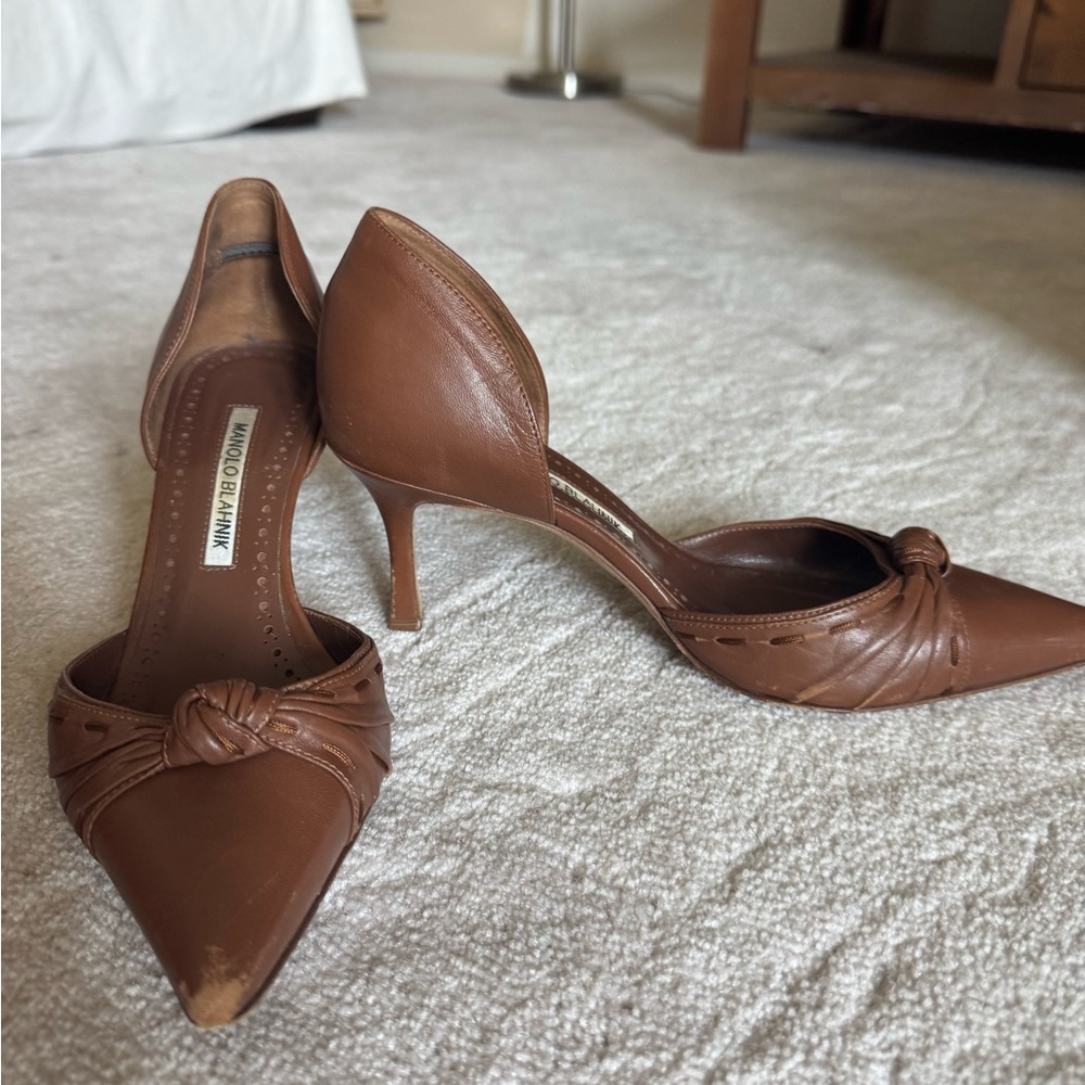 Manolo Blahnik Brown Ruched Leather Heels